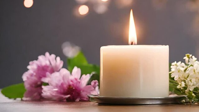 A burning candle, aesthetic flowers. Home interior, comfort, spa, relax and wellness concept
