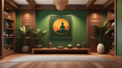 Interior of a cozy yoga room in green tones.