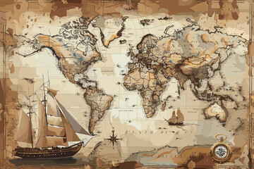 Vintage world map with compass and old sailing ship, symbolizing travel, adventure, and global exploration