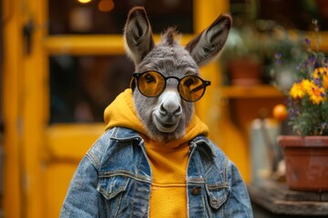 An intriguing kangaroo dressed in a yellow hoodie and jeans jacket in front of a colorful yet blurred door - obrazy, fototapety, plakaty