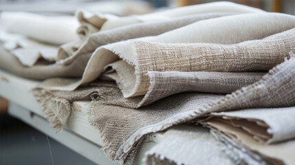 Assorted textiles in grey and brown stacked on wood table - 782973063