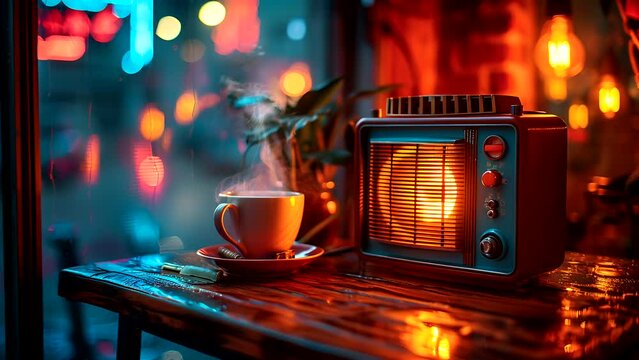 cup of coffee with an antique radio on the table in the evening, World music day concept. Seamless looping 4k time-lapse video animation background