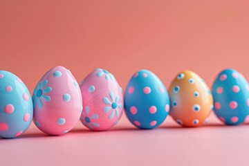 Fototapeta na wymiar Row of colorful Easter eggs on pink background. Suitable for Easter holiday designs