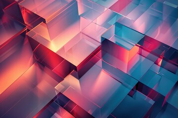 abstract metallic forms in a dark sky-blue and light crimson palette. The layered rectangles create a sense of depth and complexity, rendered with realistic lighting effects - obrazy, fototapety, plakaty