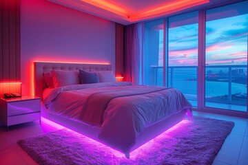 A modern bedroom featuring a comfortable bed illuminated by neon lights, with a panoramic view of...
