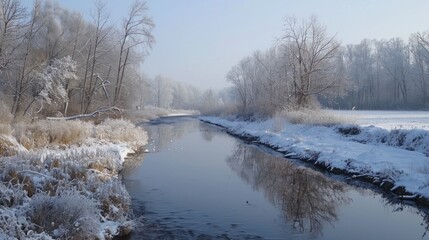 Small River at Very Cold Morning.AI generated - obrazy, fototapety, plakaty