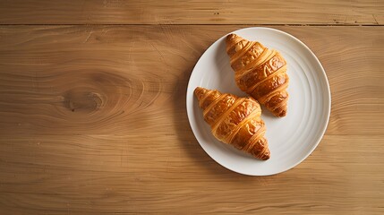 Two golden croissants on a white plate, wooden background. Simple and elegant breakfast setup captured from above. Ideal for bakery and gourmet themes. AI