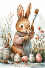cute bunny in an apron with a fountain paints easter eggs