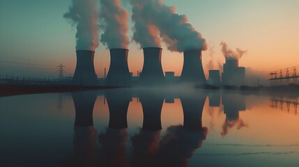 Steam rising from the cooling towers of a power plant, the structures reflected in a tranquil body of water - obrazy, fototapety, plakaty