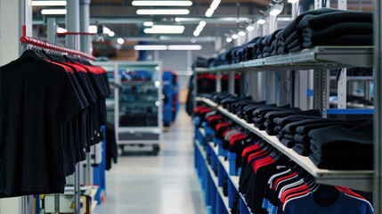 A warehouse filled with lots of clothes including black shirts - 782973442