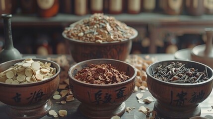 Ingredients for traditional Chinese medicine, ginseng, rhodiola, reishi, cordyceps. Preparing herbal remedies, highlighting the ancient wisdom of holistic healing. Generative ai