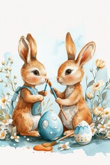 two cute rabbits in an apron coloring Easter eggs