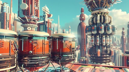 The conception of a unique music instrument inspired by bongo drums, set against a backdrop of a futuristic cityscape - obrazy, fototapety, plakaty