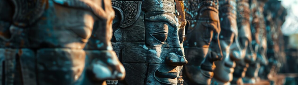 Surrounded by the ancient guardians of the lost temple, feel the weight of their silent presence as you explore