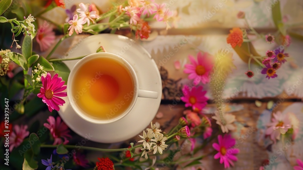 Poster a cup of tea resting on a table, suitable for various uses