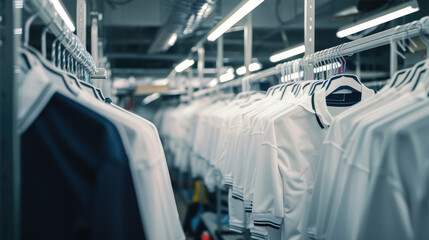 A warehouse filled with lots of clothes including white shirts