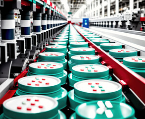 Obraz premium A factory with rows of machines and conveyor belts.