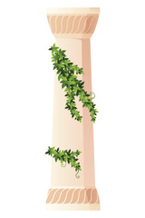 Ancient ivy covered column. Museum and exhibition. Cartoon greek or roman pillar with climbing ivy branches. Antique foliage decorated element. Cartoon flat vector isolated on white
