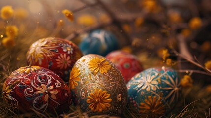 Colorful Easter eggs on green grass. Ideal for Easter holiday concepts