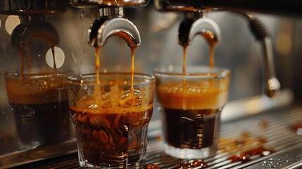 Freshly Brewed Espresso Shots Pulled from a Gleaming Commercial Coffee Machine