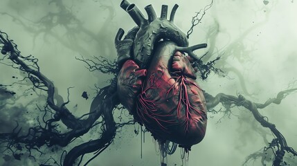 Visualization of a deteriorating human heart surrounded by twisted tendrils of pollution, symbolizing the consequences of neglecting the environment - obrazy, fototapety, plakaty