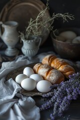 Photo of eggs and bread, rural aesthetics, still life