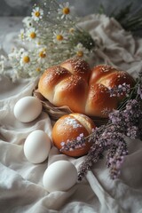 Photo of eggs and bread, rural aesthetics, still life