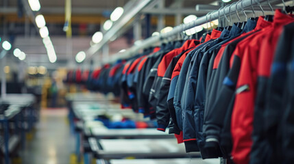 A variety of jackets and uniforms hang in a row on hangers. - 782974031