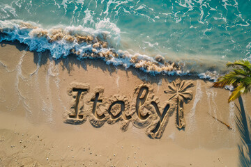 Italy written in the sand on a beach. Italian tourism and vacation background - 782974092