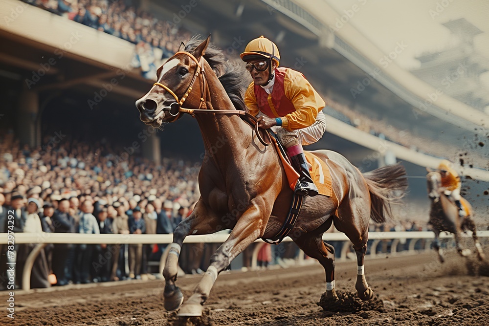 Poster a dynamic image capturing the intensity and action of a horse race with focused jockey and horse in 