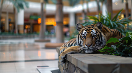 Bengal tiger is resting in a mall.