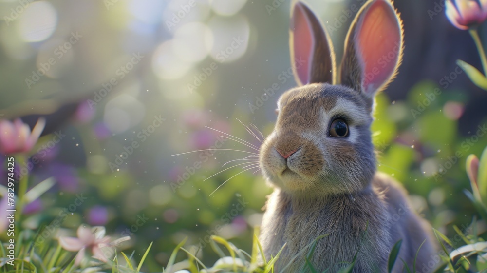 Poster a rabbit sitting in the grass with flowers in the background. suitable for nature and animal-related
