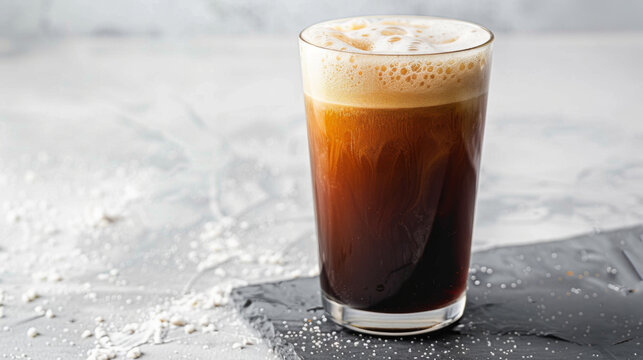Product photo of nitro cold brew coffee, on slate surface, isolated on white background. studio lighting.
