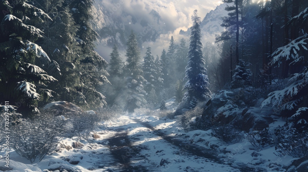 Poster a snowy path in a winter forest. suitable for nature and winter-themed projects