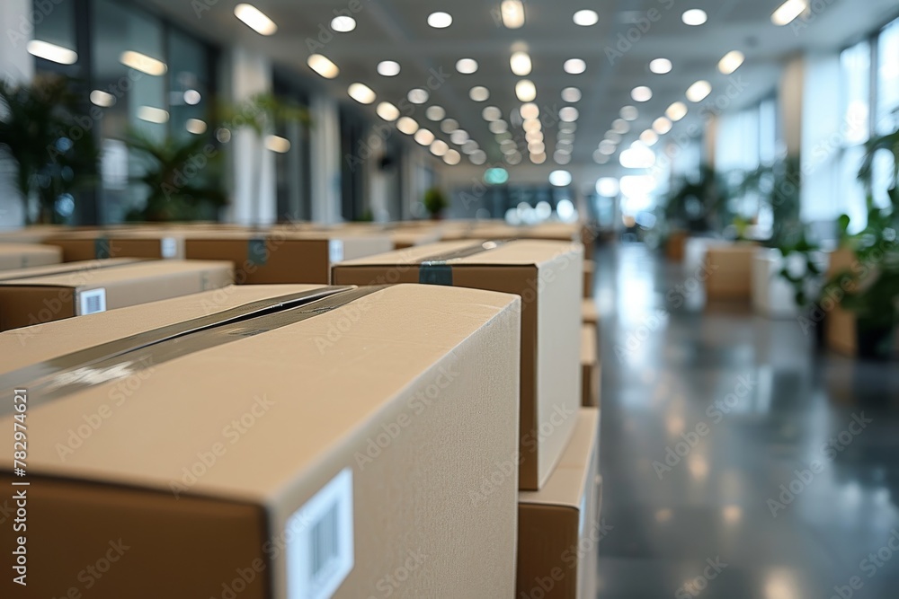 Poster close-up view of cardboard boxes organized in neat rows in a warehouse setting, representing logisti