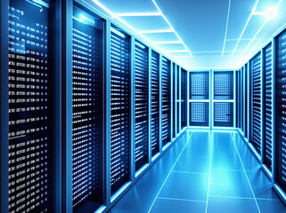 A long corridor with rows of computer servers lining the walls.