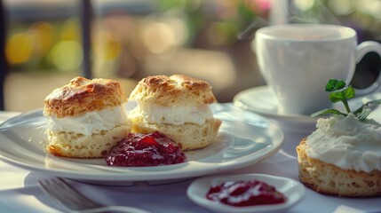 A plate of scones and a cup of tea on a table. Perfect for food and beverage concepts