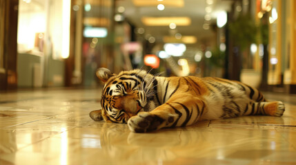 Bengal tiger is resting in a mall. - 782974667