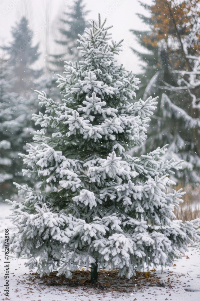 Poster a snowy pine tree standing in a field. suitable for winter-themed designs