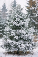 A snowy pine tree standing in a field. Suitable for winter-themed designs
