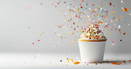 Vanilla Cupcake with Sprinkles and Whipped Cream Amidst Dynamic Confetti, Isolated on White