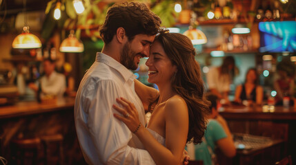 Joyful Couple Embracing and Smiling in a Cozy Bar Setting with Warm Ambient Lighting