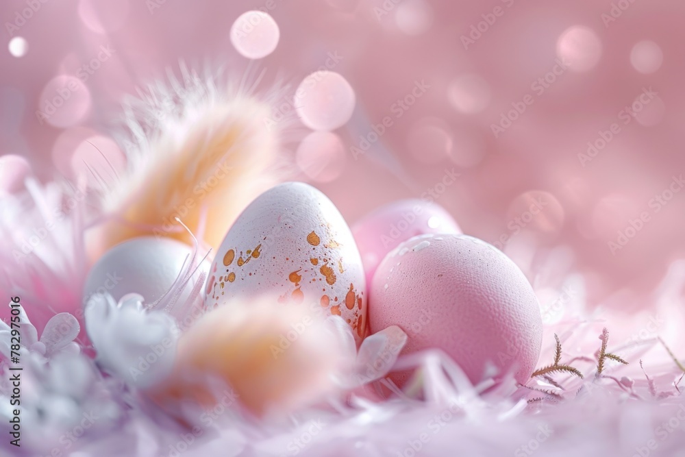 Poster close up of eggs with feathers, suitable for various projects