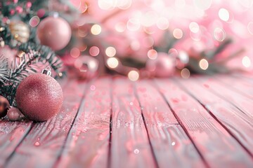 Festive pink Christmas ornaments on a wooden table. Perfect for holiday decorations