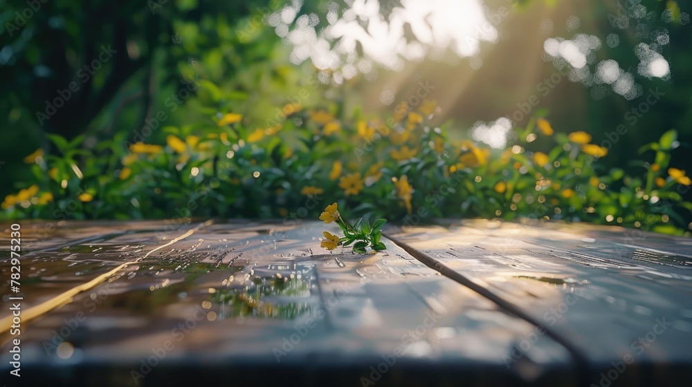 Poster Close up of a wooden table with flowers in the background. Suitable for various design projects