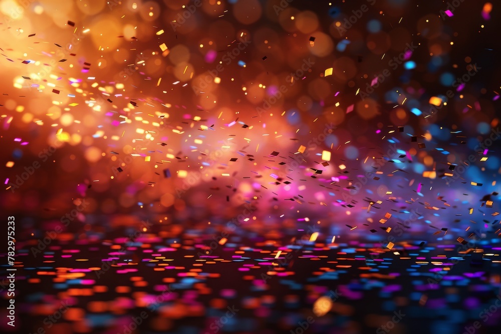 Poster a vivid, high-energy image capturing the dynamic motion of confetti explosion with gleaming bokeh li