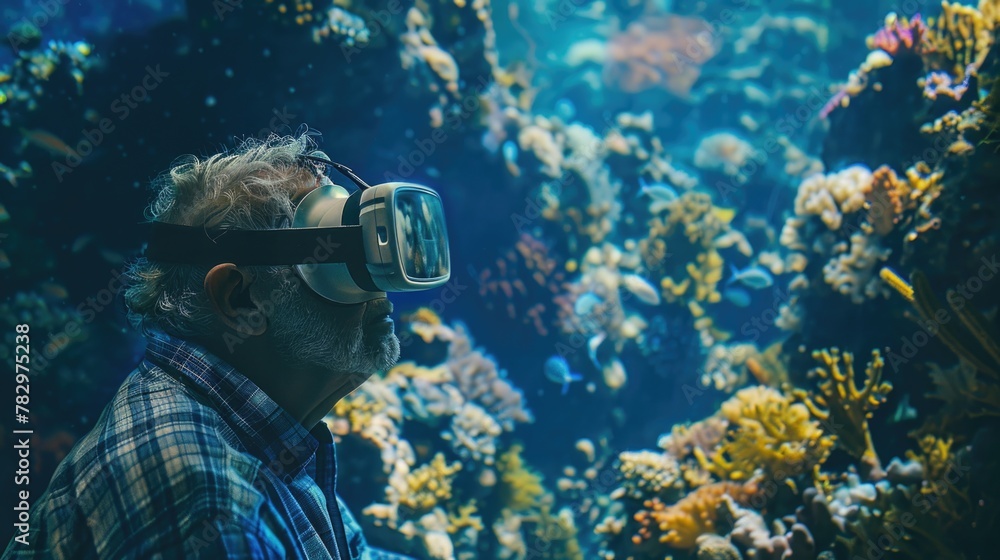 Poster a man wearing a virtual reality headset in front of a fish tank. great for technology and entertainm