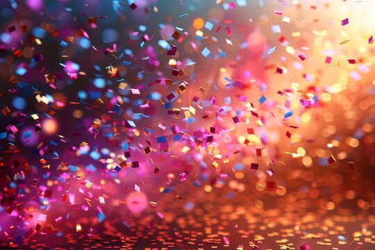 A vibrant image capturing dynamic movement of colorful confetti particles against a dark backdrop, depicting celebration and festivity