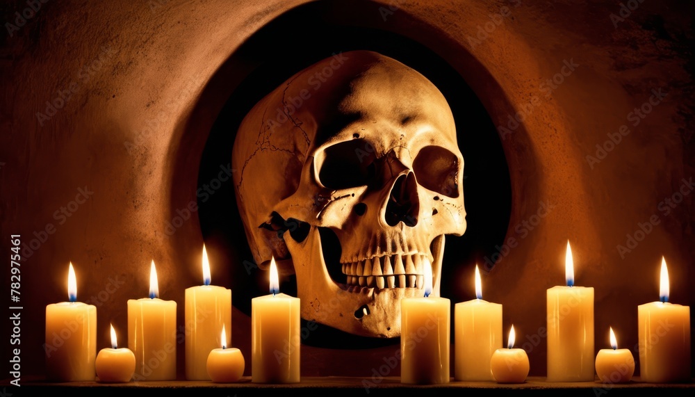 Poster a human skull on an altar surrounded by lit candles, creating a mystical and somber ambiance within 