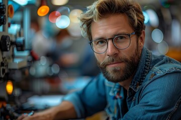 Stylish man with glasses and denim shirt focused on creative work in an eclectic studio setting